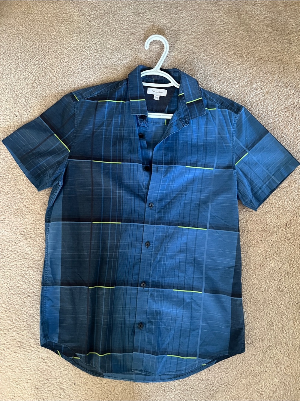 Calvin Klein Navy and Lime Plaid Short Sleeve Button-Down Shirt